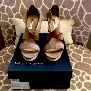 H by Halston beige kid suede with wooden heel espadrille platform heel. Size 8.5